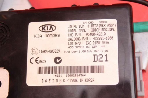 Bedienteil modul BCM 95400 A2250 KIA CEED 2 II 1.6 T-GDI 150 KM 12-15
