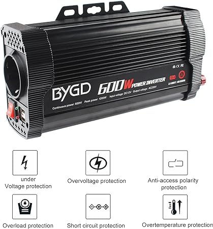 BYGD 600W ІНВЕРТОР ЖИВЛЕННЯ 12V DC ПЕРЕТВОРЮВАЧ ПОТУЖНОСТІ 2X USB