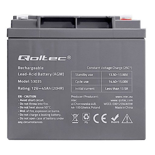 Необслуговуваний акумулятор agm 12v, герметичний, 45ah