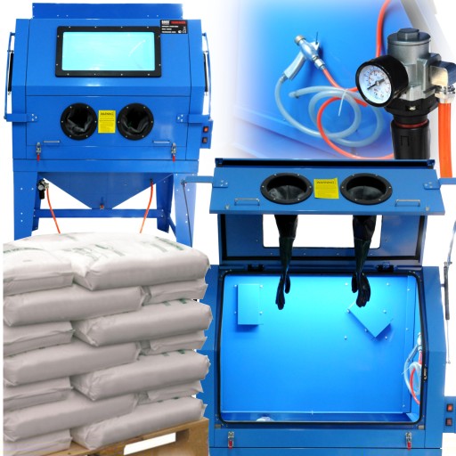 ПРОМИСЛОВИЙ КАБІННИЙ ПІСКОСТРУЙНИЙ АПАРАТ 990 Л КАМЕРИ НАБІР АБРАЗИВНИЙ ПІСОК 500 кг