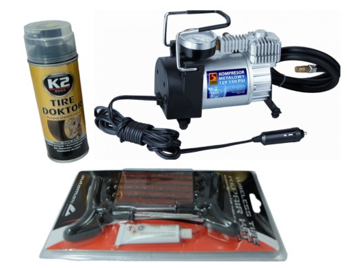Комплект для проколотої шини компресор, спрей, шнур