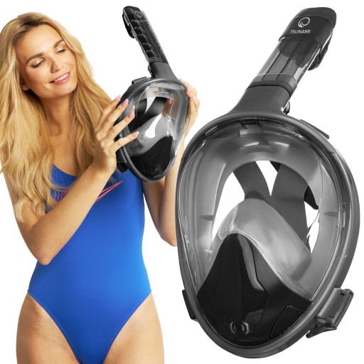 Повнолицева маска для дайвінгу з трубкою Tsunami S-M, відтінки сірого