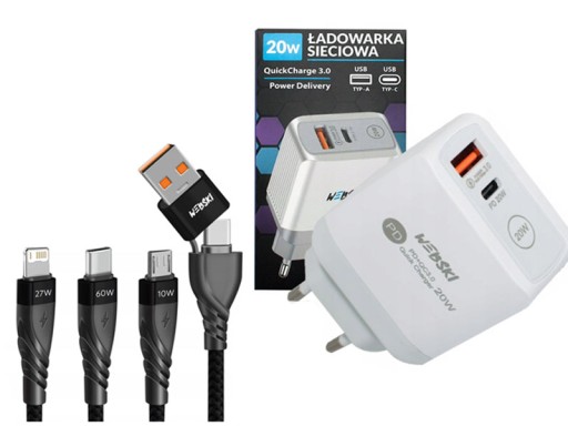 ŁADOWARKA KOSTKA ŁADUJĄCA TELEFON USB-C/USB Z MOCNYM SZYBKIM KABLEM 3W1 60W