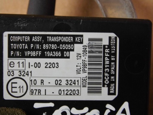Toyota Avensis T270 T27 module control unit immobilizera 89780-05050