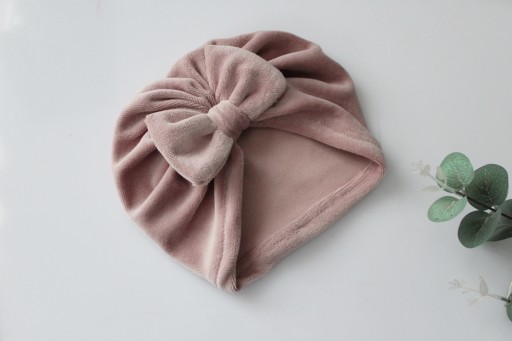 Čiapka turban velúr púdrová ružová mašľa 48-54