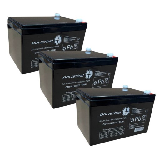 3 × батарея agm 12 в 15 ач powerbat для автомобильного ибп, велосипеда, сигнализации видеонаблюдения