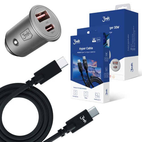Автомобильное зарядное устройство 3mk 30W + кабель USB-C 4K 1m