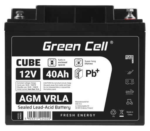 Agm акумулятор vrla green cell ip54 12v 40ah човни сонячні панелі інвалідні коляски