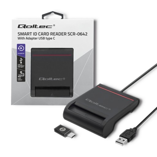 Qoltec Inteligentny czytnik chipowych kart ID USB 2.0 + Adapter USB-C