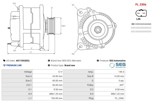 A01155(SEG) - Совершенно новый генератор oem seg
