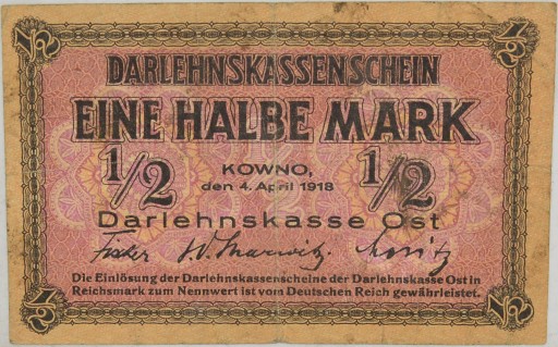 3.db.Niem.Okup.Ter.Wsch., 1/2 Marki 1918, St.3+