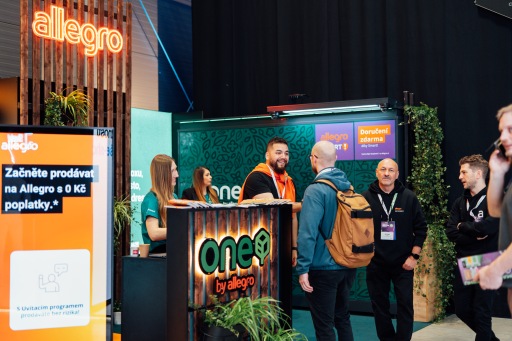 Allegro booth, orange and blue, wooden, display stand.