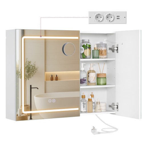 Szafka Łazienkowa z Lustrem Led Podgrzewana Gniazdka Usb 80x60cm