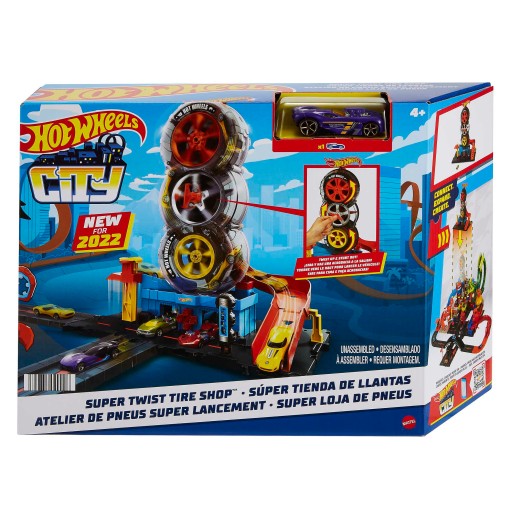 Tor samochodowy Hot Wheels Wyścigowy Warsztat opon z autkiem 1:64