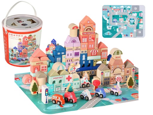 ZESTAW DREWNIANYCH KLOCKÓW MIASTO LITERY PUZZLE 135 SZTUK DREWNIANE KLOCKI