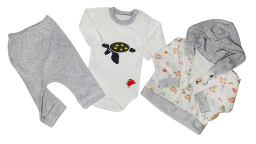 Komplet niemowlęcy żółwik body + kaftanik + spodnie, r.68