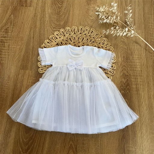 Sukienkobody 62 białe tiul krótki rękaw chrzest elegancka BODY SUKIENKA