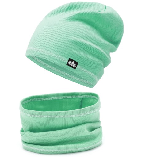 48-50 Komplet dziecięcy PRĄŻKI Czapka beanie Komin tuba Wiosenny Seledyn R
