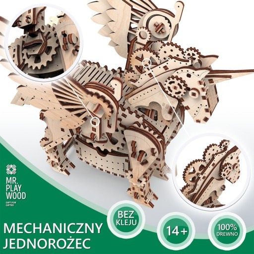 Mechaniczny Jednorożec Drewniane Puzzle 3D