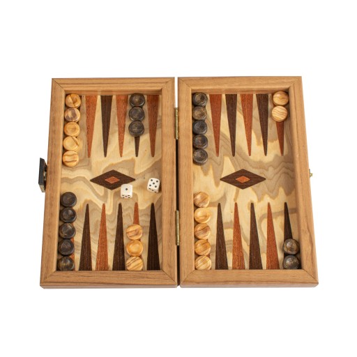 Ekskluzywny Backgammon Manopoulos – Czeczota Oliwna – Rozmiar Mini 20x12 cm