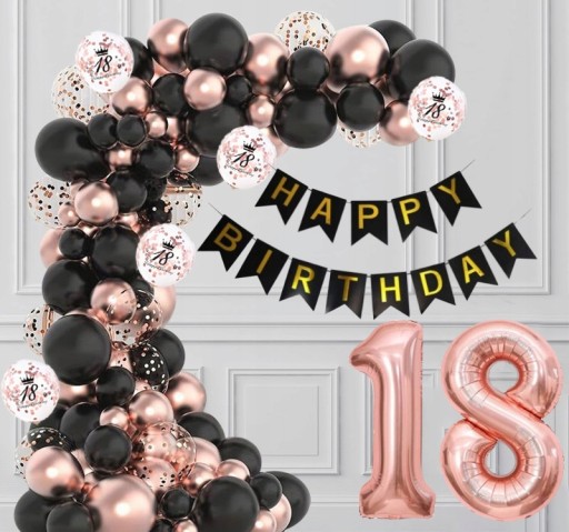 GIRLANDA BALONOWA BALONY ZESTAW DEKORACJI NA 18 URODZINY CZARNY ROSE GOLD