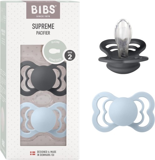 BIBS Supreme Smoczek, 2 szt., Bez BPA, Symetryczny kształt gumowej główki.