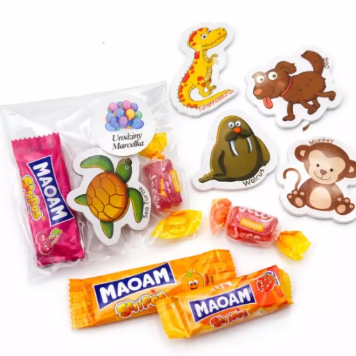 Magnesy Zwierzątka UPOMINEK Urodziny Przedszkole + MAOAM + TWÓJ NAPIS