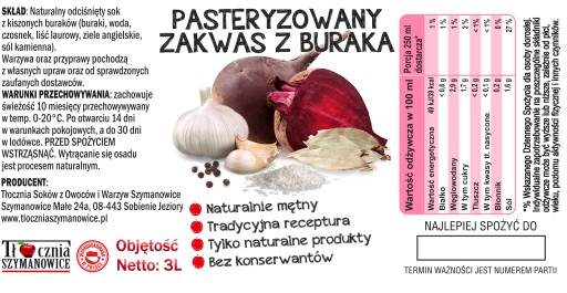Sok z kiszonego buraka zakwas kiszony naturalny Tłocznia Szymanowice 3l
