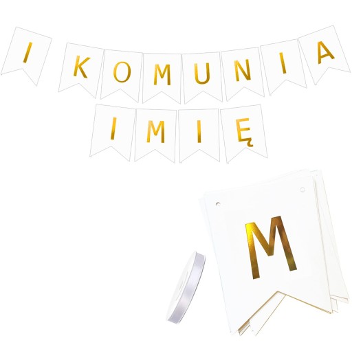 BANER NAPIS I KOMUNIA ŚWIĘTA + IMIĘ GIRLANDA na komunię BIAŁA ZŁOTA
