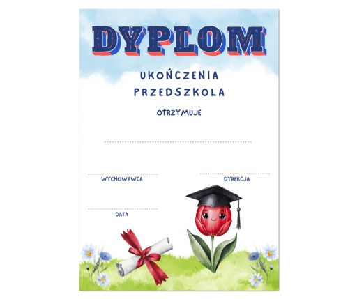 DYPLOM PRZEDSZKOLAKA A4 pamiątka ZAKOŃCZENIE ROKU przedszkola TULIPANKI