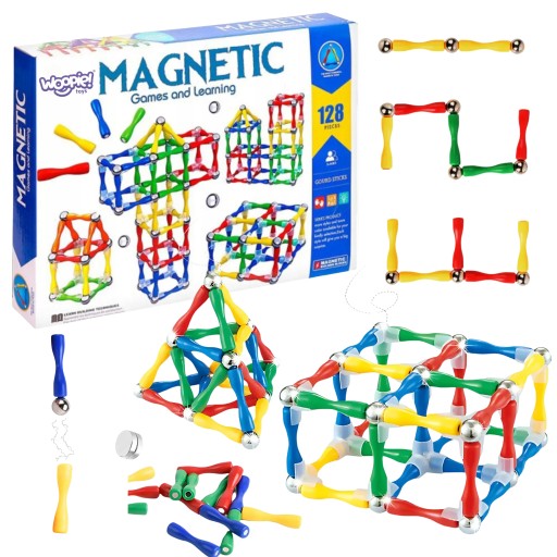 KLOCKI MAGNETYCZNE KONSTRUKCYJNE EDUKACYJNE UKŁADANKA ZESTAW 128el WOOPIE