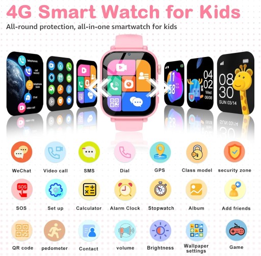 Smartwatch dla Dzieci 4G GPS WiFi rozmowy wideo SOS Telefon Kroki Budzik