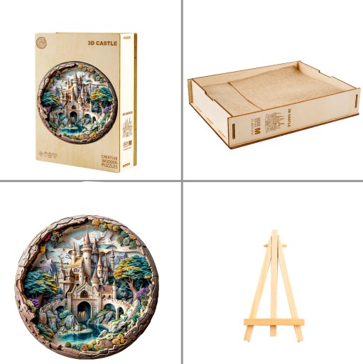 PUZZLE DREWNIANE DUŻE 300 ELEMENTÓW W DREWNIANYM PUDEŁKU BAŚNIOWY ZAMEK 3D