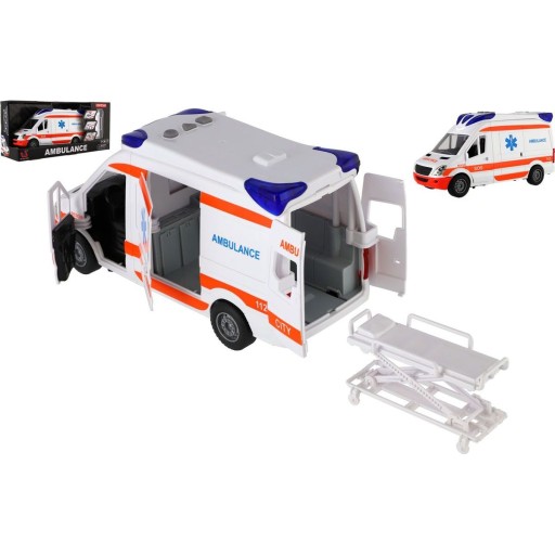 Ambulans samochodowy z tworzywa sztucznego 26 cm z noszami, napędzany kołem zamachowym, ze światłem i dźwiękiem