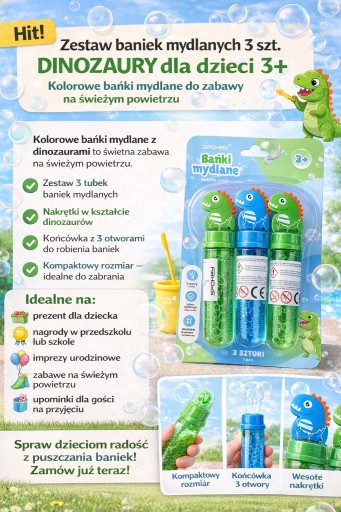 SPOKEY Bańki mydlane Dinozaury dla dzieci - zestaw 3 sztuki