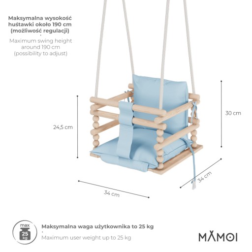 MAMOI Huśtawka dla dzieci DREWNIANA 3 w 1 PASY