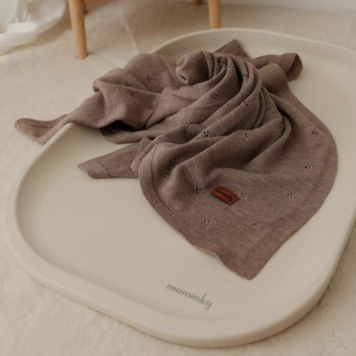 Kocyk Z WEŁNY MERINO Dla Dzieci + IMIĘ 75x100 Oddychający Dziany Czekolada