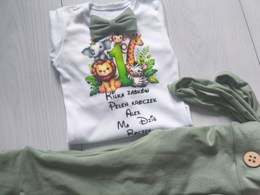 Komplet na roczek chłopca pistacjowy safari ale szok rok mstylroczek