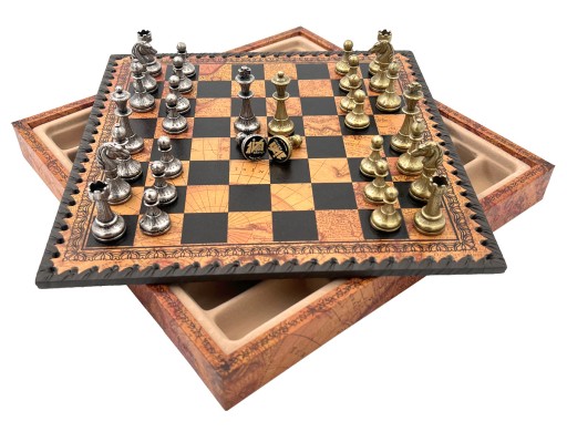 ITALIAN SET CHESS PIECES MIGNON FLOWERY + BOARD LEATHERETTE GLOBE MAP28