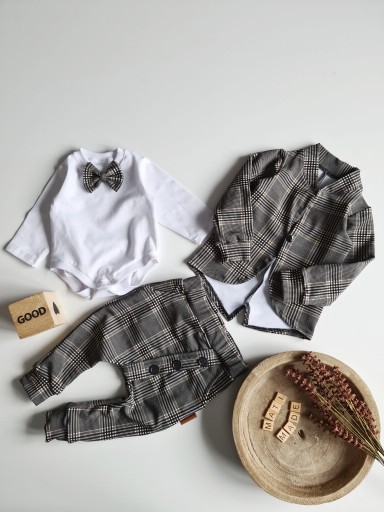Spodnie Baggy elegancie chłopięce krata beżowo - czarna ŚLUB WESELE PL 68