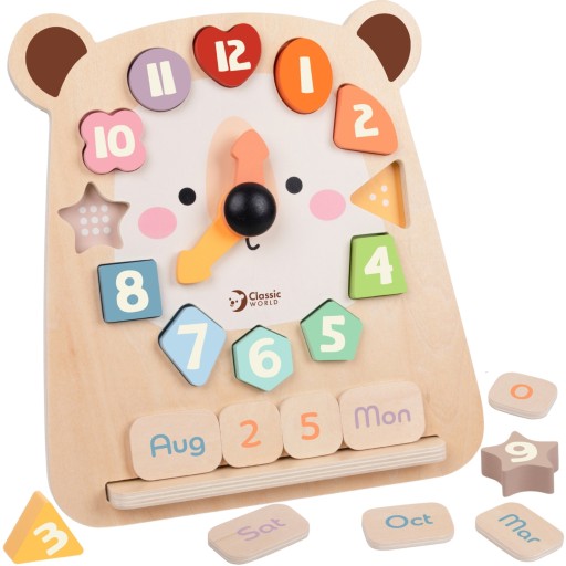 DREWNIANY ZEGAR UKŁADANKA EDUKACYJNY KALENDARZ SORTER MONTESSORI MIŚ