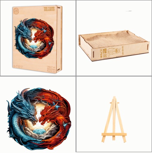 PUZZLE DREWNIANE DUŻE 300 ELEMENTÓW SMOK YING YANG W DREWNIANYM PUDEŁKU