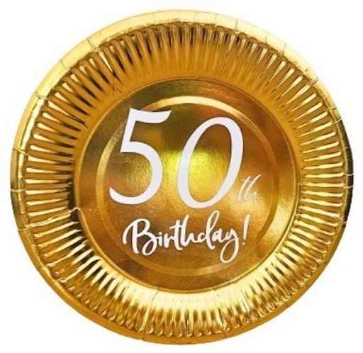 Talerzyki papierowe 50 BIRTHDAY złote białe 50 urodziny ZESTAW 6 szt