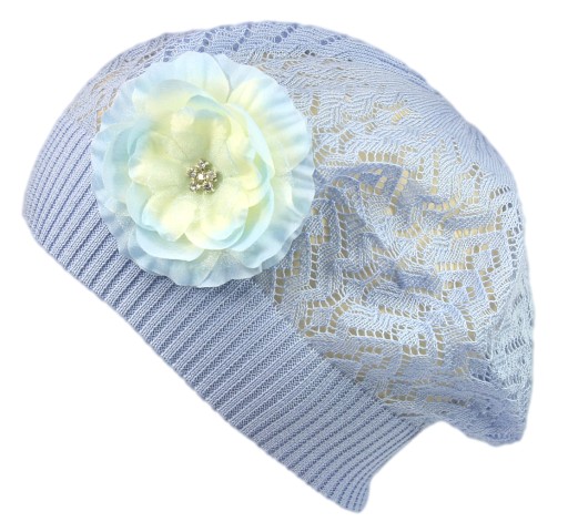 48-50 Wiosenny beret Ażurowy Bawełniany Dziewczęcy Niebieski Elegancki