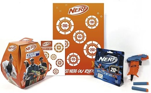 NERF Hasbro Pudełko niespodzianka z blasterem rzutki naklejki plakat