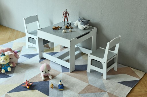 Zestaw Drewniany Stół 2 Krzesła Z Tablicą Praktyczny Schowek 61,5 cm Biały