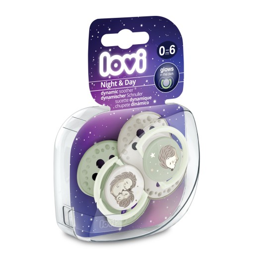 LOVI Smoczek silikonowy dynamiczny 0-6m 2 szt Night&Day Hedgehog świecący