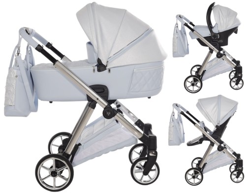 Wózek 3w1 Junama Ellegante Lame 03 Light Blue zestaw premium dla dziecka