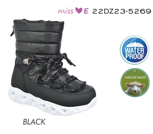 MISS E 5269 ŚNIEGOWCE BOTKI OCIEPLANE WEŁNĄ WODOODPORNE BLACK CZARNE R 29