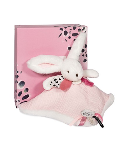 Doudou Zestaw prezentowy różowy - królik z kwadratowym kocem 25 cm